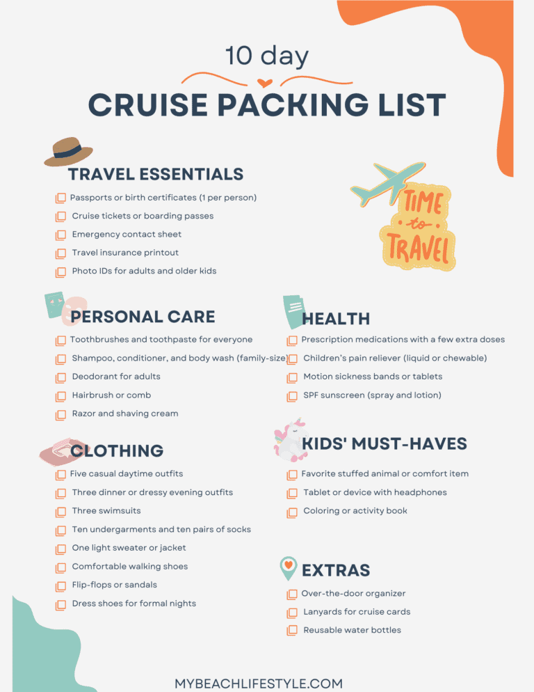 Illustrated checklist titled '10 Day Cruise Packing List,' divided into categories: Travel Essentials, Personal Care, Health, Clothing, Kids' Must-Haves, and Extras. Each section lists specific items to pack, such as passports, toothbrushes, medications, outfits, children's comfort items, and additional accessories like lanyards and water bottles. Decorative travel-themed stickers are used for visual embellishment. Website mentioned at the bottom: MyBeachLifestyle.com.