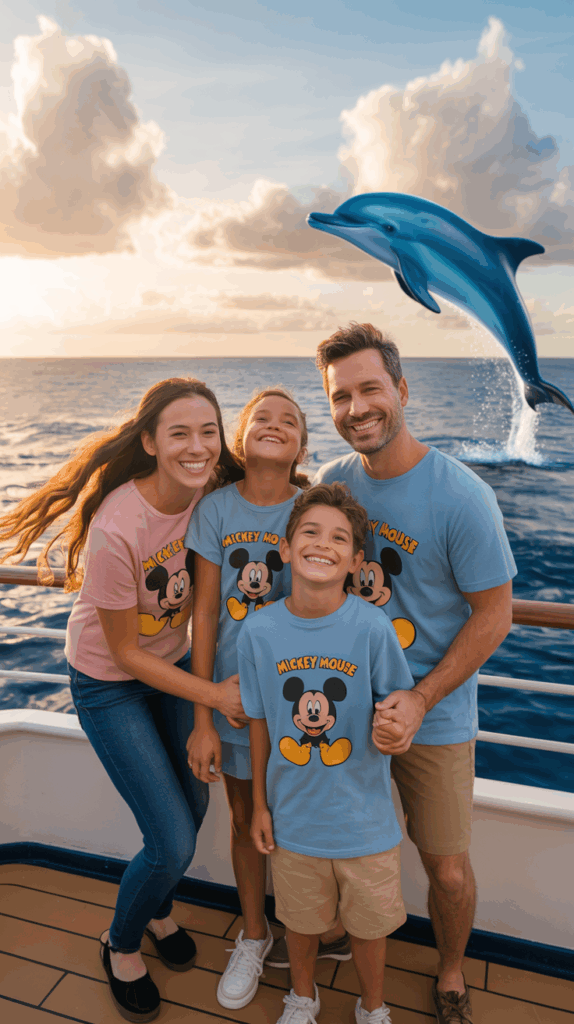 A family of four, dressed in matching Mickey Mouse shirts, smiles while standing on a boat deck at sea during sunset. A dolphin is seen leaping out of the ocean in the background.