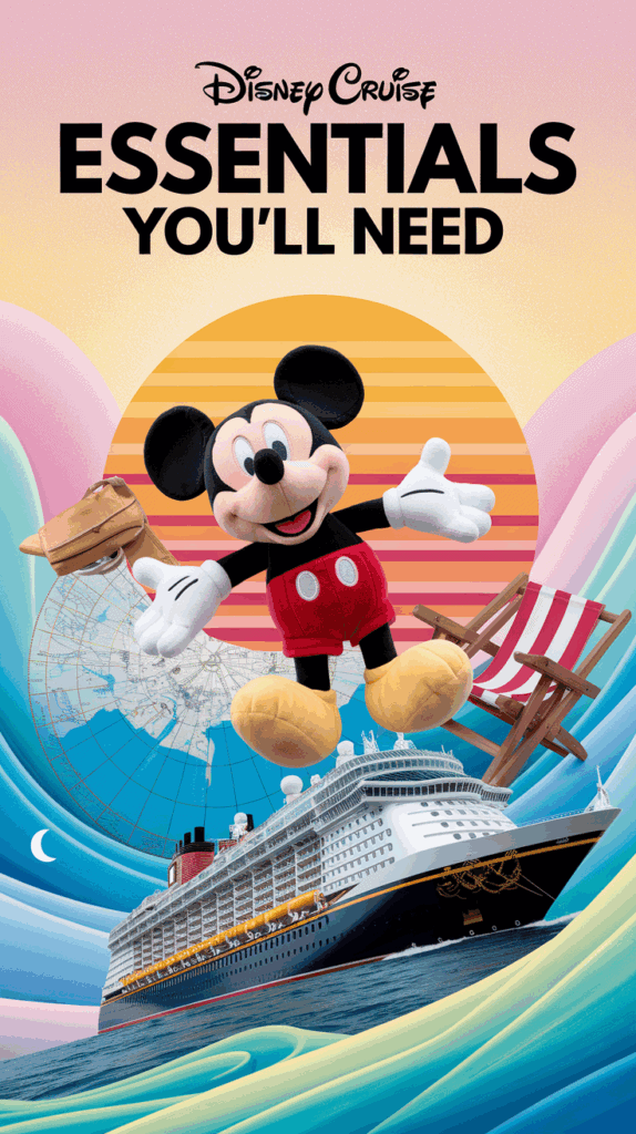Colorful promotional image for a Disney Cruise featuring a cartoon character, a cruise ship, a deck chair, a bag, and a world map, with the text 'Disney Cruise Essentials You'll Need' at the top.