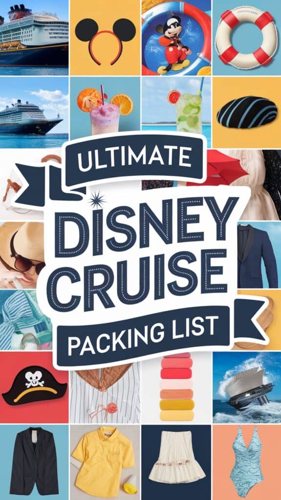 Collage of items and images related to Disney cruises with the title 'Ultimate Disney Cruise Packing List,' featuring cruise ships, Mickey Mouse ears, a life preserver, drinks, clothing, and accessories.