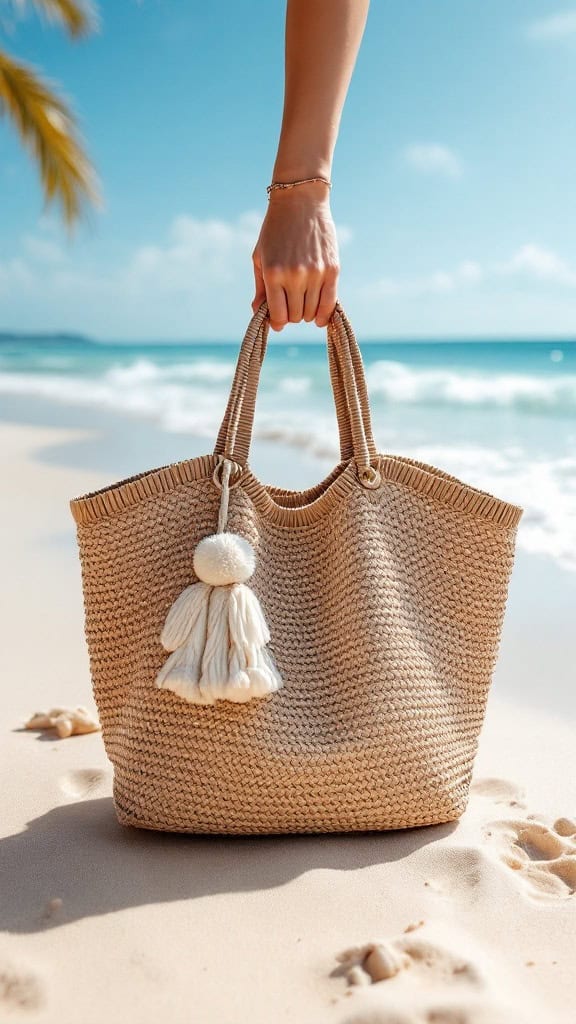 A hand holding a woven beach bag with tassels, set against a sunny beach background with blue sky and ocean waves.
