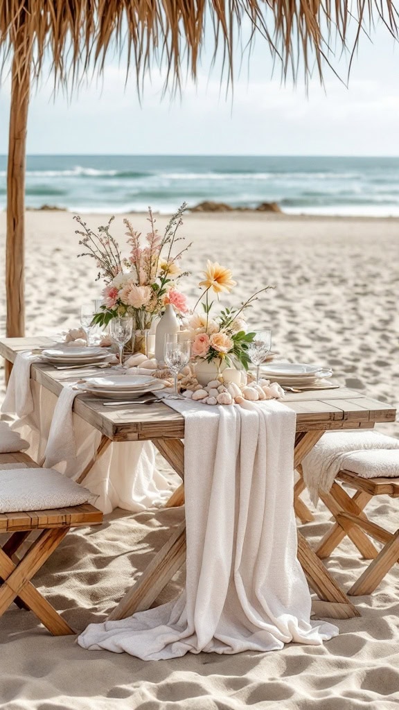A beach setting with a rustic wooden table and benches adorned with a flowing white tablecloth, elegant floral centerpieces, and shells under a straw canopy, against a backdrop of sand and ocean waves.