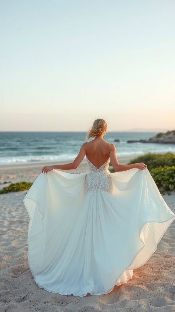 A bride in a flowing white gown stands on a sandy beach, holding the sides of her dress, with the ocean and a clear sky in the background.
