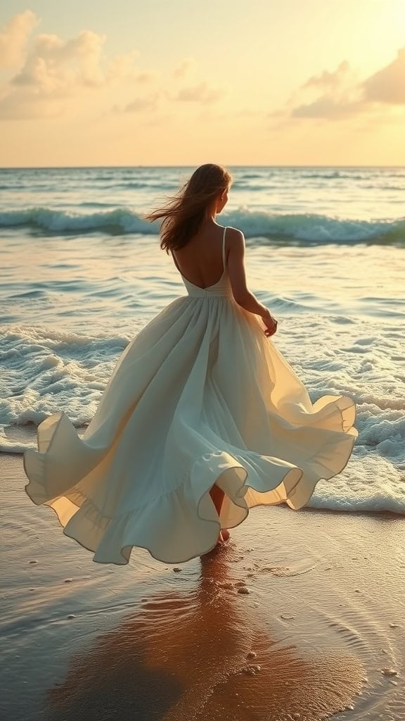 A woman in a flowing white dress walks along a beach at sunset, with waves gently lapping at the shore.