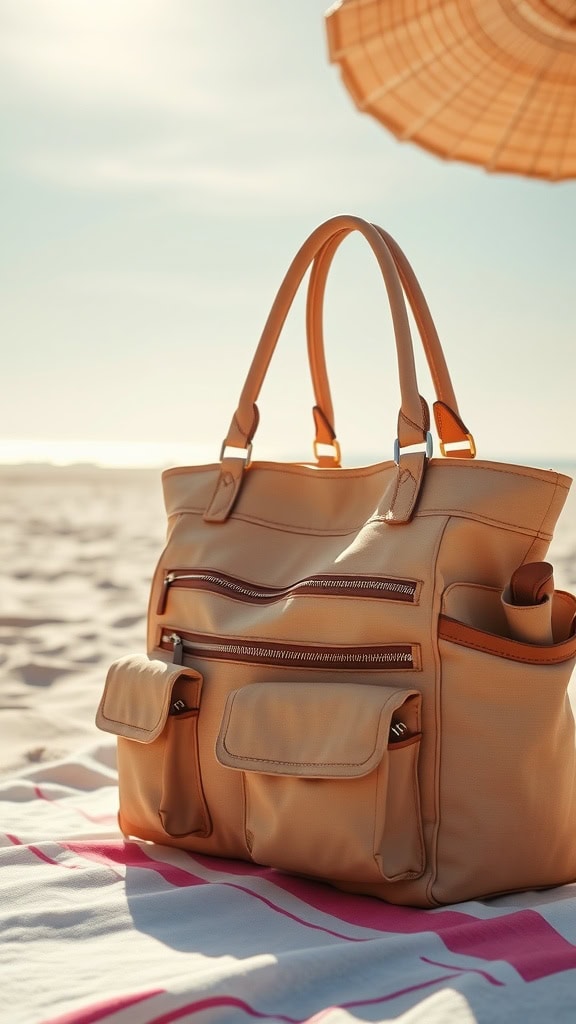 A beige handbag with multiple pockets placed on a striped beach towel, under a parasol, on a sandy beach.