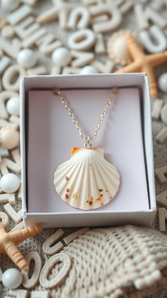 A necklace with a scallop shell pendant in a white gift box, surrounded by wooden letters and small decorative sea-themed items.