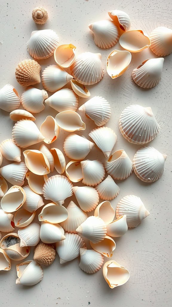 A collection of various seashells, including curved and ridged types, scattered on a light surface.