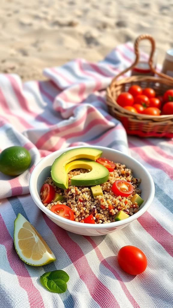 A bowl of quinoa salad with avocado slices, cherry tomatoes, and diced cucumbers sits on a striped picnic blanket, accompanied by a lemon wedge, a lime, and a basket of tomatoes, with a sandy beach in the background.