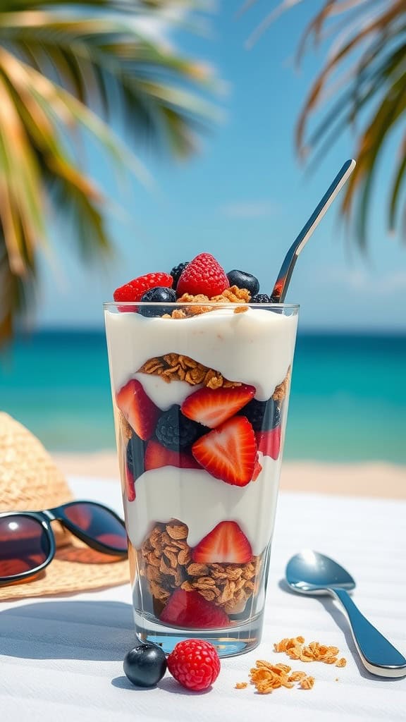 A layered parfait with yogurt, granola, strawberries, raspberries, and blueberries in a glass, set against a beach backdrop with palm trees. A spoon, sunglasses, and a sun hat are nearby on the table.