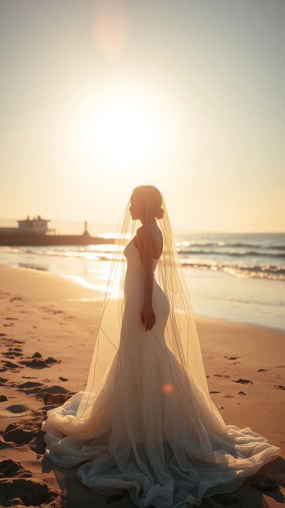 A bride in a flowing white dress and veil stands on a sandy beach at sunset, with the sun casting a warm glow and her silhouette reflected in the wet sand.