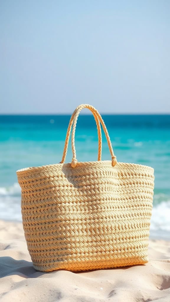 A straw beach bag on sandy beach with turquoise sea and clear sky in the background.