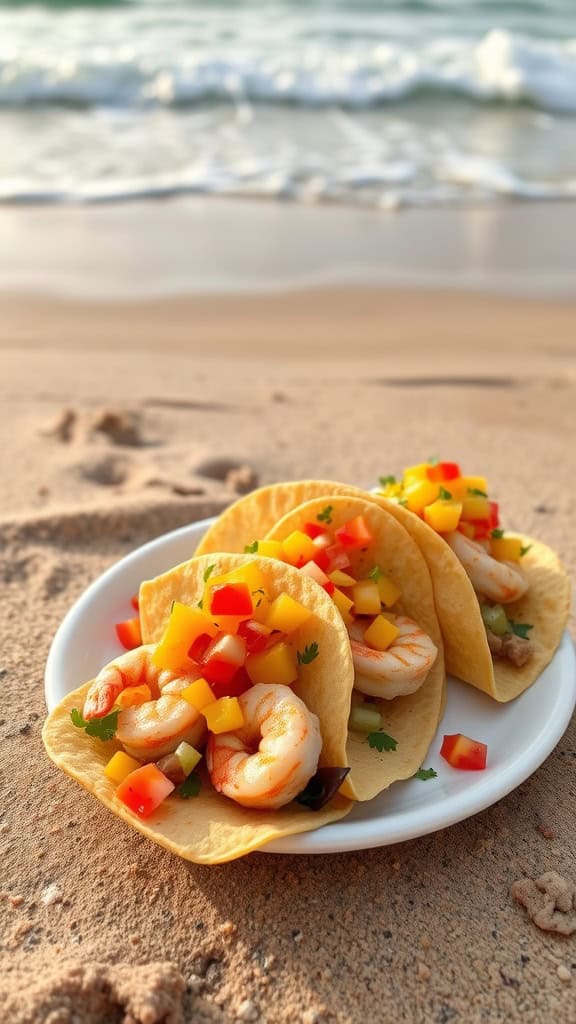 Three shrimp tacos with colorful toppings of diced mango, red bell pepper, and cilantro are served on a white plate placed on sandy beach with waves in the background.