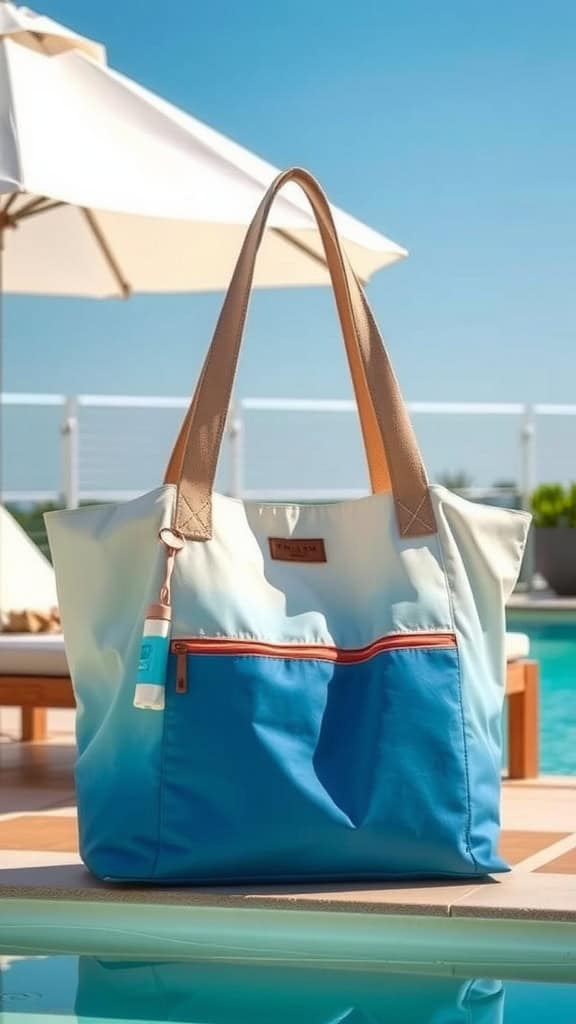 A stylish tote bag with beige handles and a blue bottom, placed poolside under a sunny sky, with a sunscreen bottle attached to the strap.