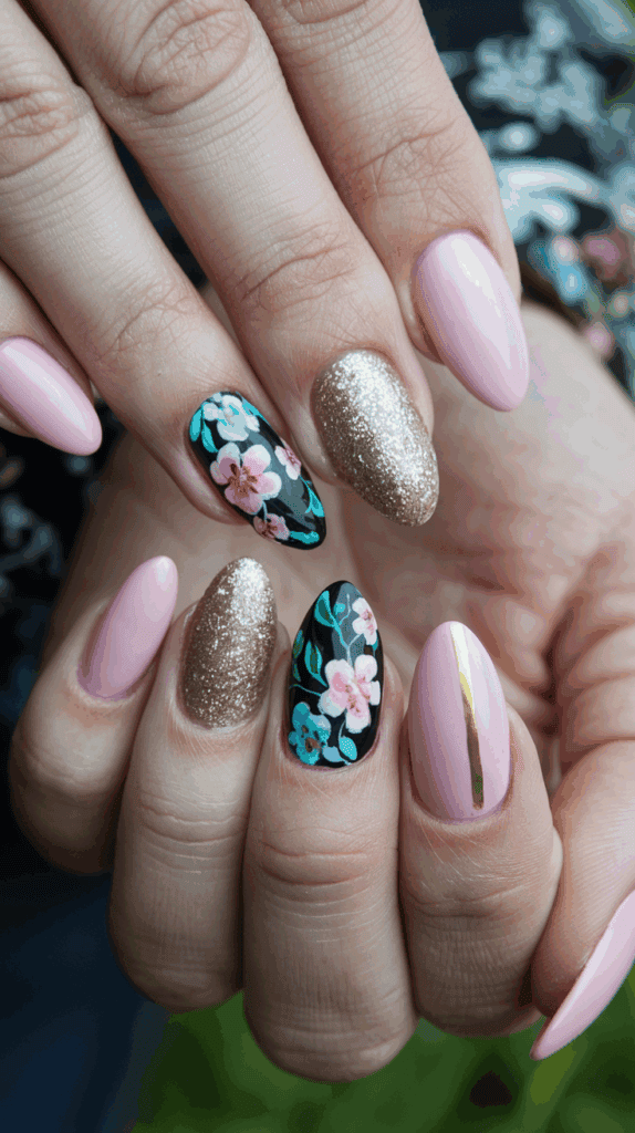 A hand with a stylish manicure featuring pink, gold glitter, and floral nail art designs.