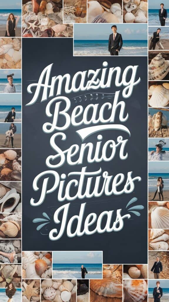 A collage featuring a central bold text "Amazing Beach Senior Pictures Ideas" surrounded by photos of people posing on the beach and close-up images of seashells.