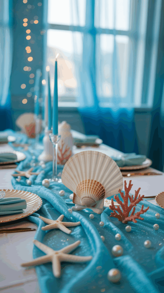 A table set with a coastal theme, featuring blue candles in holders, seashells, starfish, and coral decorations on a turquoise runner with pearl accents, under soft natural light from a window.