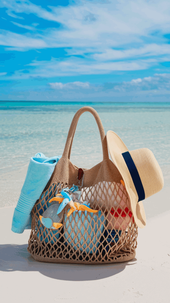 A woven beach bag filled with a towel, a sunhat, and other accessories sits on a sandy beach with clear blue water and a blue sky in the background.