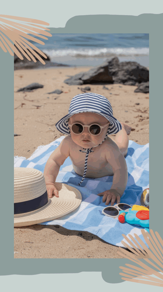A baby wearing a striped sun hat and sunglasses lies on a blue and white blanket at a sandy beach. Near the baby, there is a straw hat, another pair of sunglasses, and a colorful toy. The ocean is visible in the background with rocks scattered around.