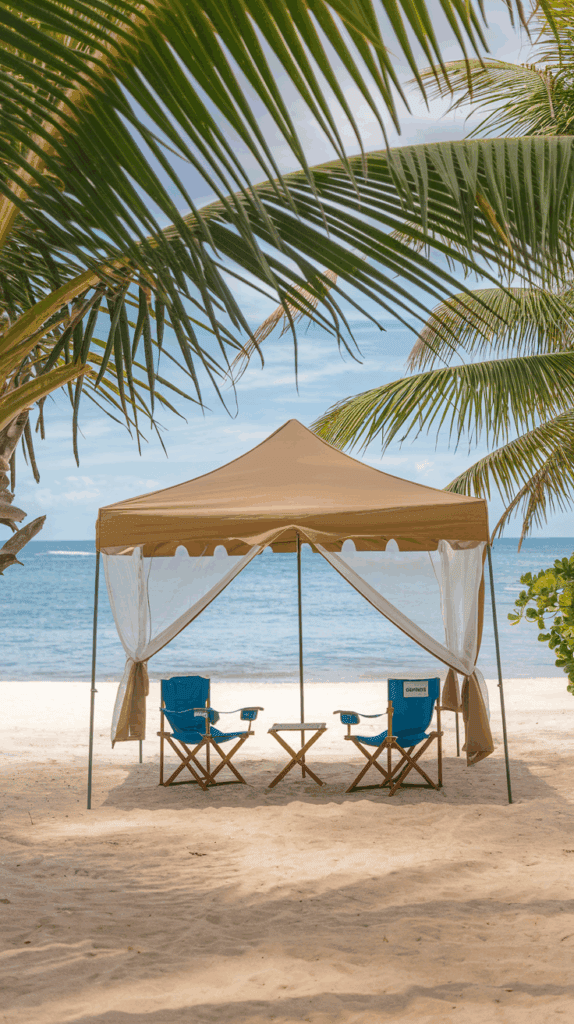 Two blue folding chairs and a small table under a brown canopy on a sandy beach, framed by palm leaves, with the sea in the background.