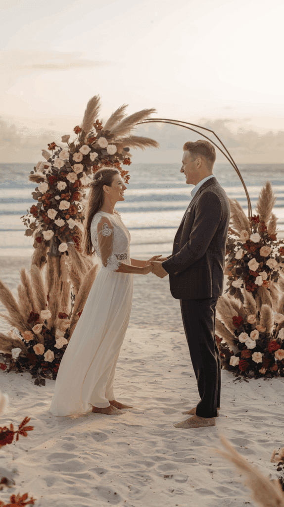 A couple stands barefoot on a beach during their wedding ceremony, holding hands in front of an arch decorated with pampas grass and flowers. The ocean is in the background under a clear sky at sunset.