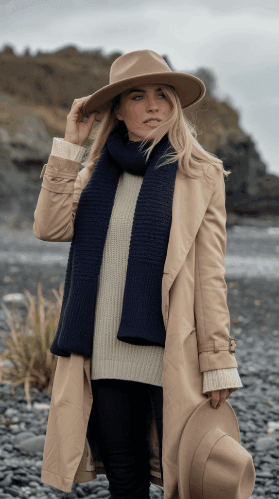 A person wearing a beige trench coat, beige wide-brimmed hat, and navy scarf stands on a rocky beach, with greenery and cliffs in the background.