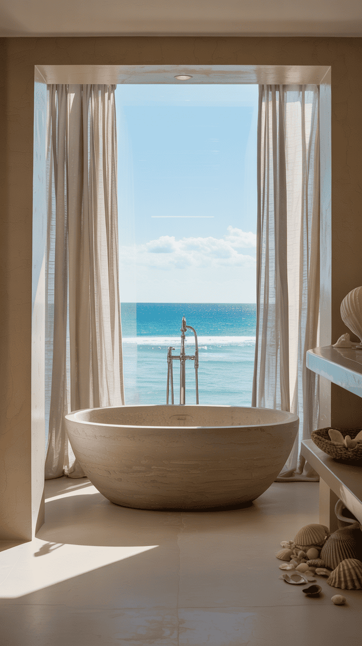 A luxurious bathroom featuring a freestanding stone bathtub positioned in front of large windows with sheer curtains, offering a stunning ocean view. The decor includes assorted seashells on a nearby surface, enhancing the calming, coastal ambiance.