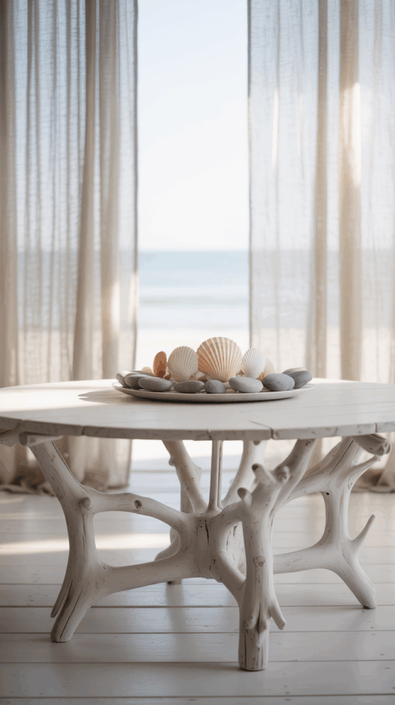 A table with a driftwood-style base topped with seashells and stones, set beside sheer curtains overlooking a beach view.