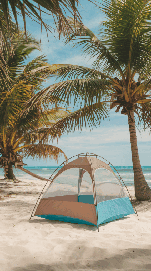 A small tent set up on a sandy beach, surrounded by palm trees with the ocean visible in the background under a clear blue sky.