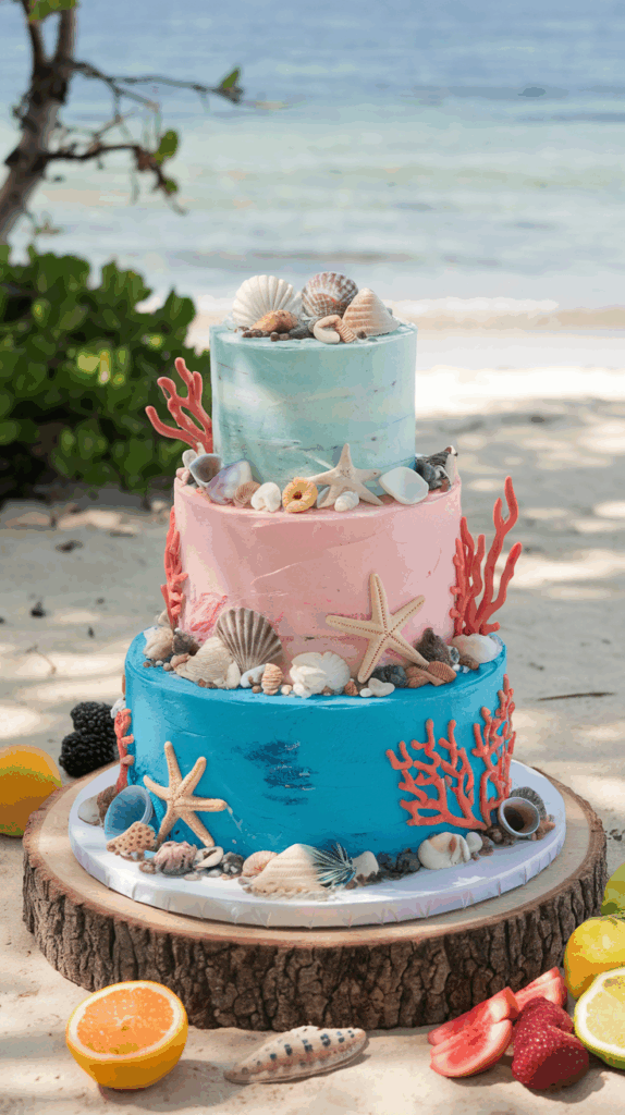 A three-tier ocean-themed cake decorated with seashells, starfish, and coral made from icing, featuring pastel blue, pink, and teal frosting layers, set on a wooden base with tropical fruits and seashells around it on a sandy beach background.