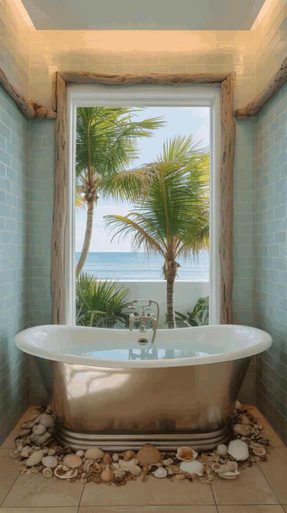 A luxurious bathroom with a freestanding bathtub surrounded by seashells, set against a window view of palm trees and the ocean.