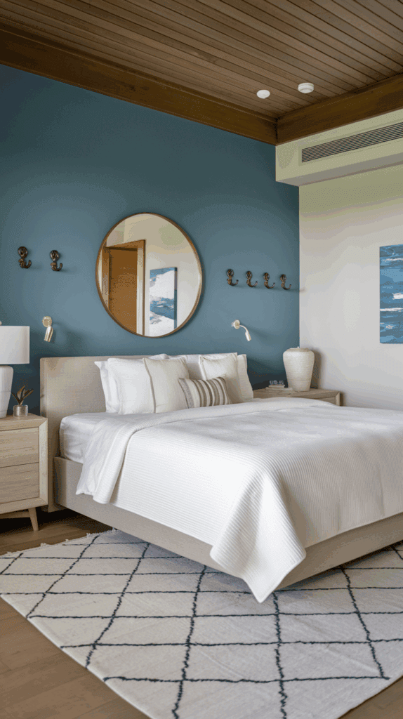 A modern bedroom with a comfortable bed draped in white bedding, a wooden nightstand with a lamp, a large round mirror on the wall, several hooks beneath it, and a textured blue accent wall. The floor features a white and black patterned rug, and the ceiling is styled with wooden paneling.