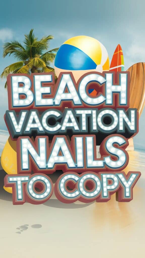 Stylized text reading 'Beach Vacation Nails to Copy' in a light-up marquee style, over a background of sand, a palm tree, a beach ball, and surfboards.