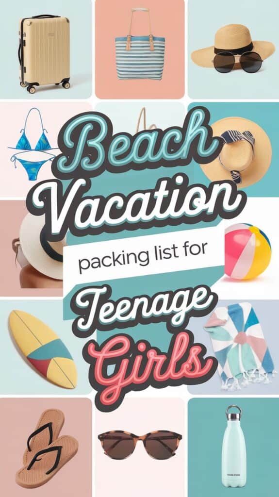Collage featuring beach vacation essentials for teenage girls, including a suitcase, tote bag, sun hat with sunglasses, a blue bikini, beach ball, surfboard, flip-flops, sunglasses, and a water bottle, with text reading 'Beach Vacation packing list for Teenage Girls.'