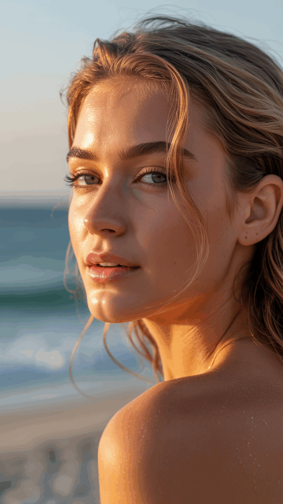 Close-up of a woman with wet hair and sun-kissed skin looking over her shoulder at the beach during sunset.