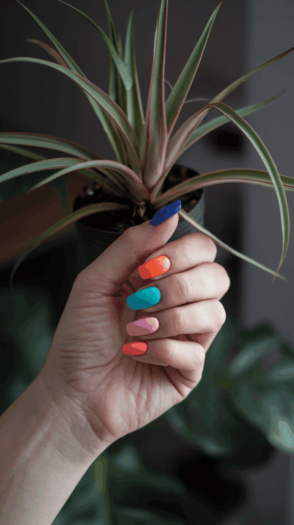 A hand with brightly colored nails, each painted in a different hue, holding a potted plant with long, green leaves.