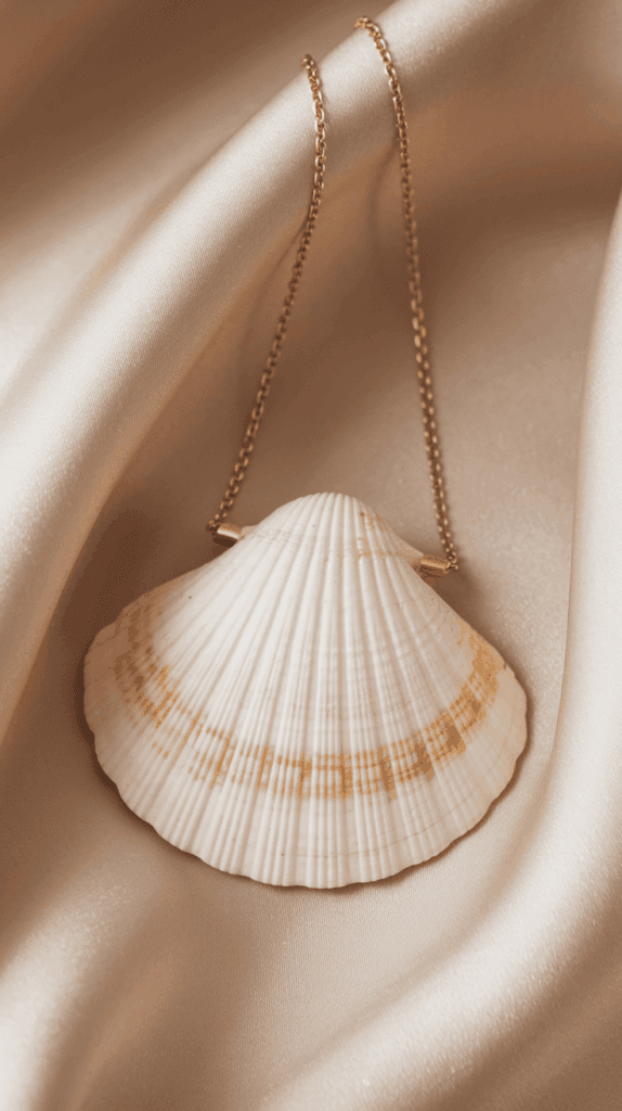 A seashell pendant on a gold chain resting on smooth, beige fabric.