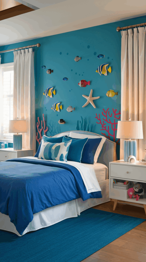 A children's bedroom with an ocean-themed design, featuring a blue wall decorated with colorful fish, starfish, and coral. The room includes a bed with blue bedding and pillows, two white nightstands with blue lamps, and a blue rug on wooden flooring.
