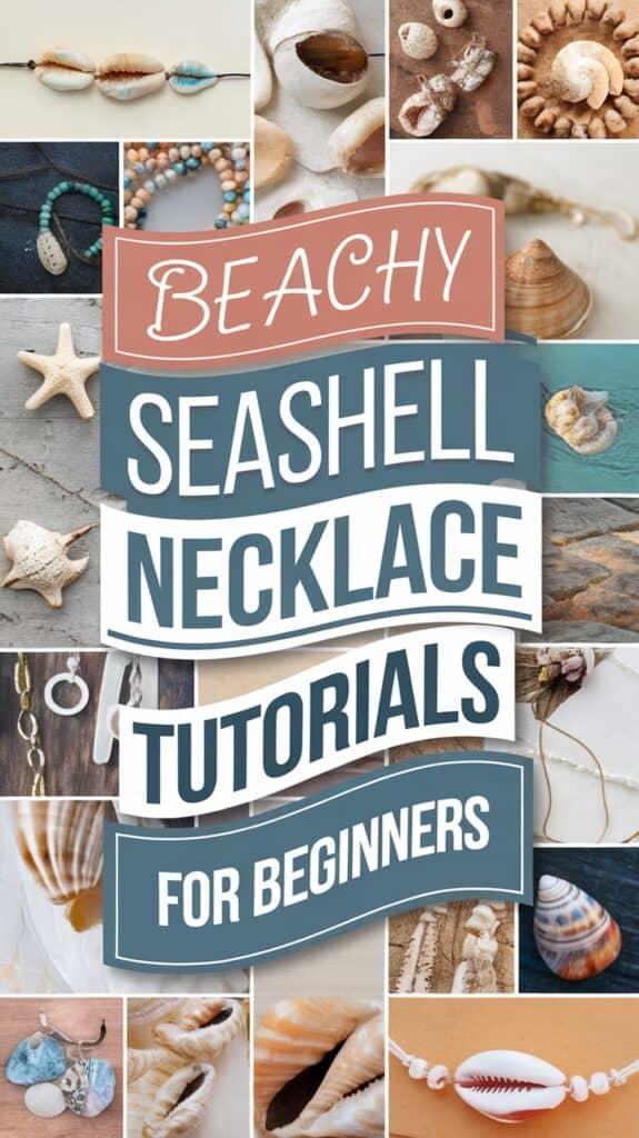 A collage of seashell necklace images with the text "Beachy Seashell Necklace Tutorials for Beginners."