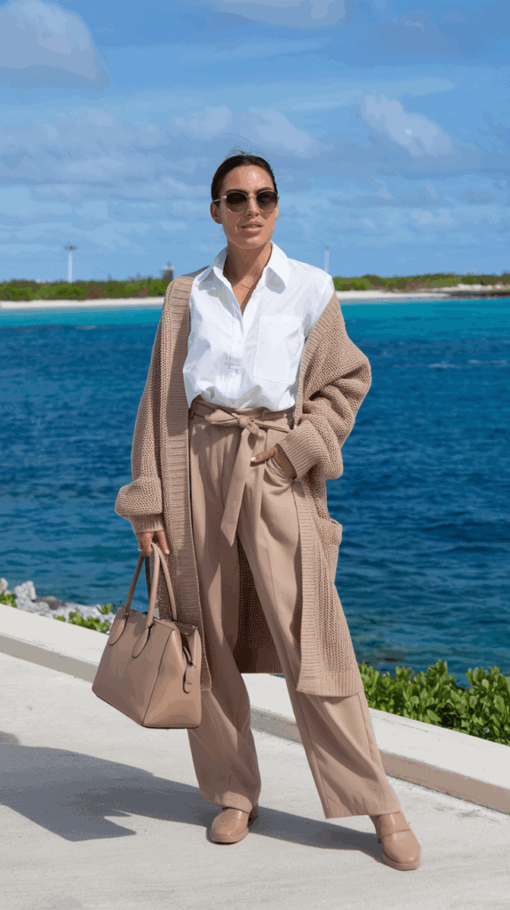A woman wearing sunglasses, a white shirt, beige cardigan, and matching wide-leg pants, holding a beige handbag, stands outdoors near the ocean with a blue sky in the background.