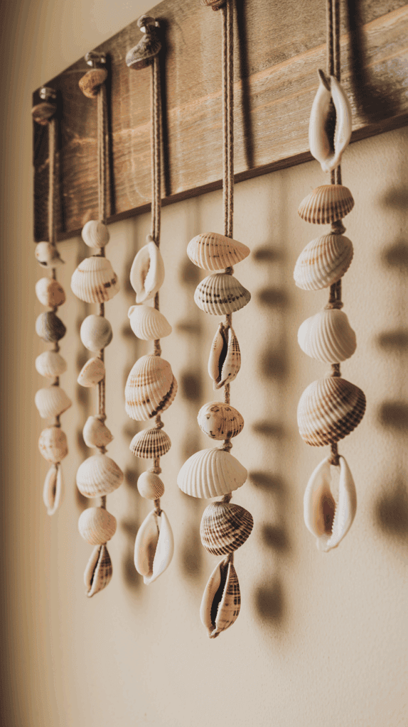 A wooden wall hanging with several strings of various seashells suspended side by side.