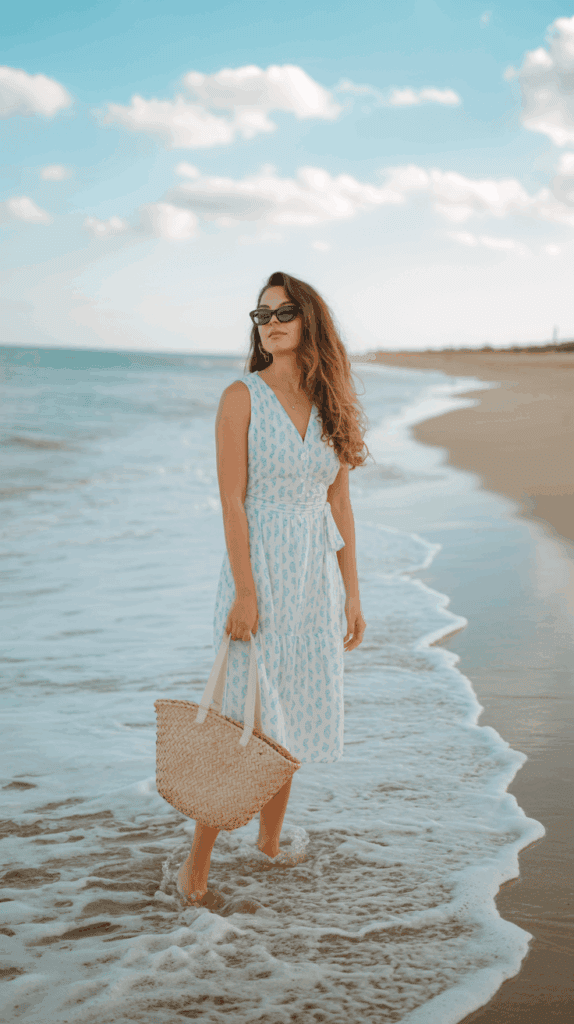A woman in a light blue patterned dress and sunglasses walks along a sandy beach, holding a straw tote bag, with gentle waves lapping at her feet under a partly cloudy sky.