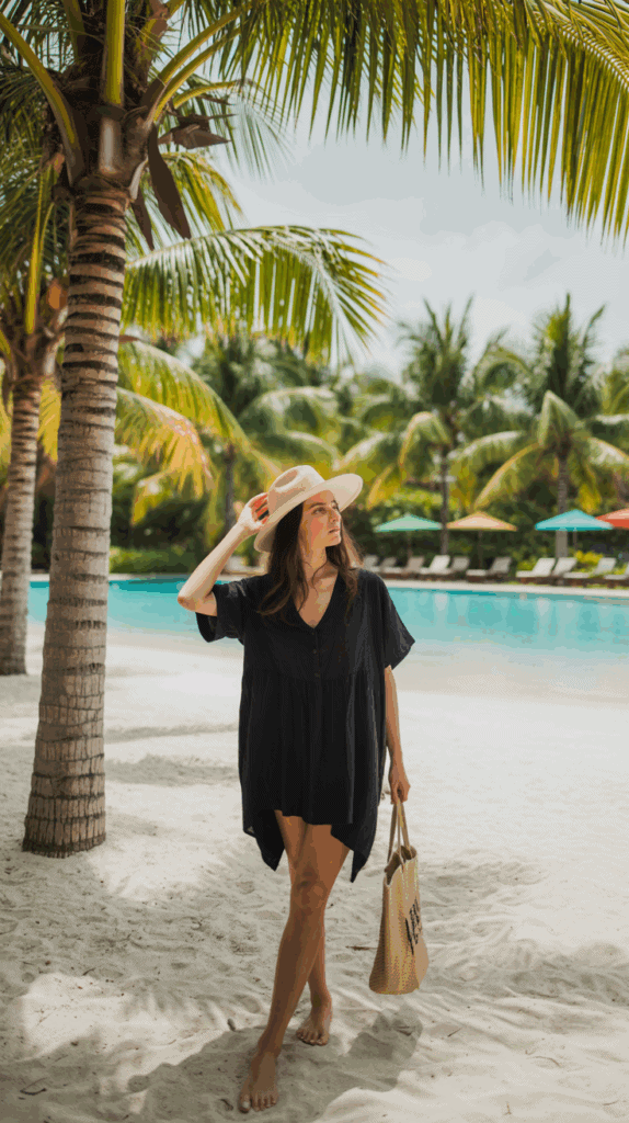 A woman in a black dress and a straw hat walks barefoot on a sandy beach with palm trees in the background.