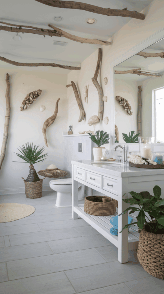A coastal-themed bathroom featuring driftwood decor on the walls and ceiling, a large mirror, a white vanity with baskets, a toilet, and potted plants for a natural aesthetic.