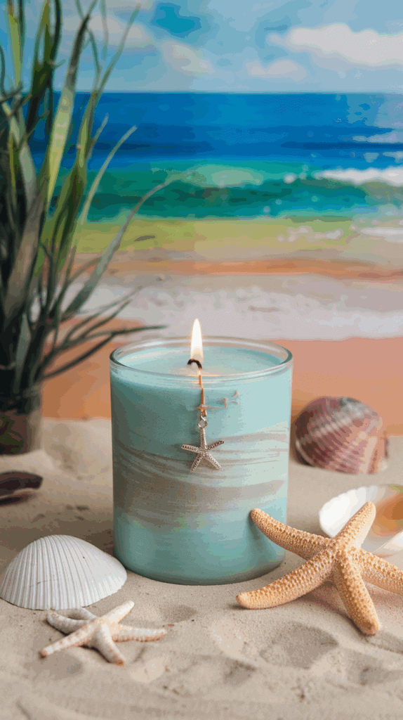 A lit blue candle with a starfish charm sits on sand surrounded by seashells and a starfish, with a background of a painted ocean scene.