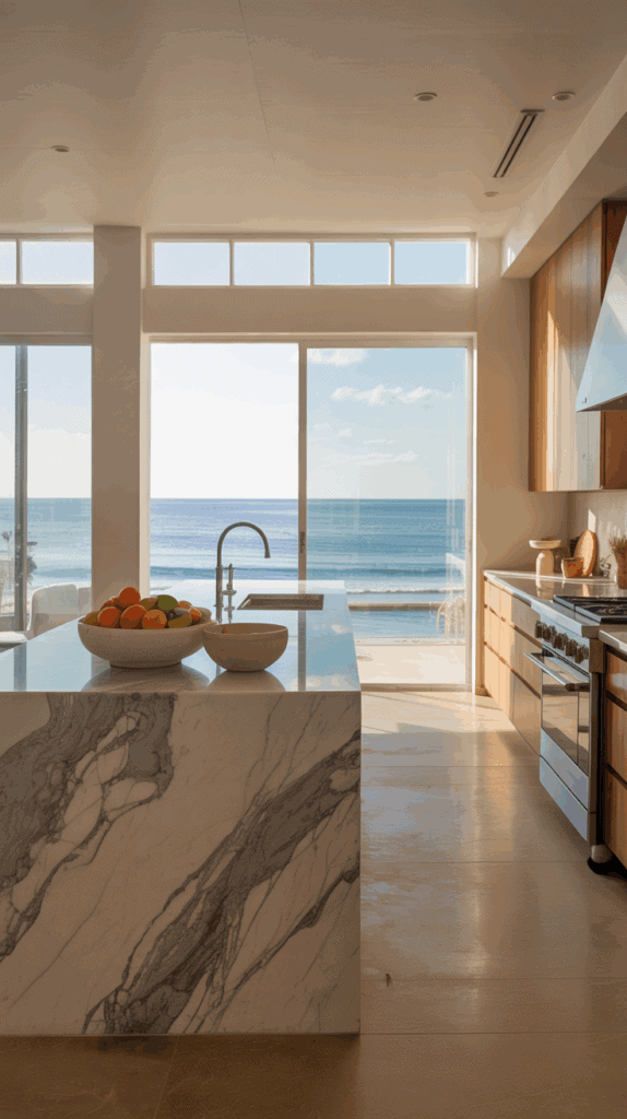 Modern kitchen with a marble island, wooden cabinets, and large windows overlooking a scenic ocean view.