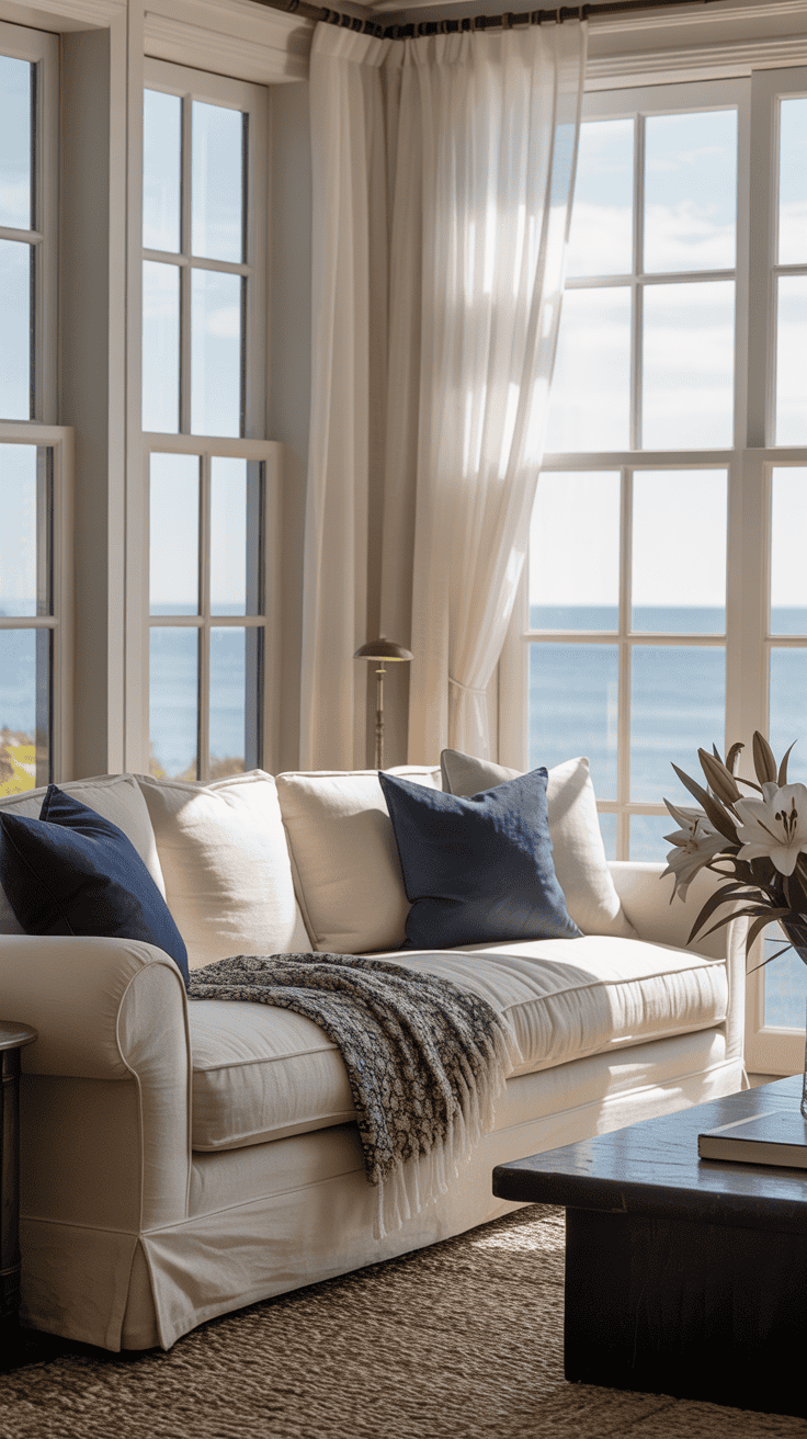 A cozy living room featuring a white sofa with blue throw pillows and a textured gray blanket, situated near large windows offering a view of the ocean. The room is bright with sunlight streaming in, and a vase of white lilies sits on a wooden coffee table in the foreground.