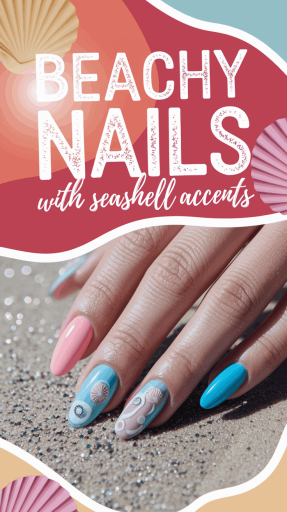 A hand with colorful beach-inspired nails featuring seashell accents, displayed on sand with text above reading 'BEACHY NAILS with seashell accents.'
