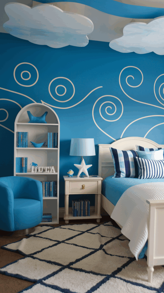 A children's bedroom with a blue and white theme, featuring a bed with striped pillows, a nightstand with a star-shaped lamp, and decorative cloud designs on the wall and ceiling. A white bookshelf holds blue books and accents, and the room includes a blue armchair and a white rug with a diamond pattern.