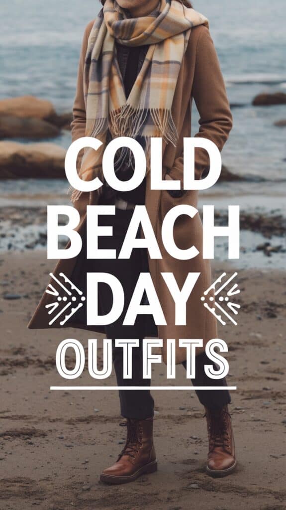 Person wearing a brown coat, plaid scarf, and brown boots on a beach, with the text 'Cold Beach Day Outfits' overlaid.