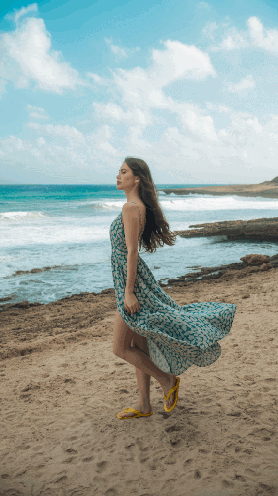 A woman with long hair wearing a flowy blue patterned dress and yellow flip-flops walks on a sandy beach with the ocean and sky in the background.